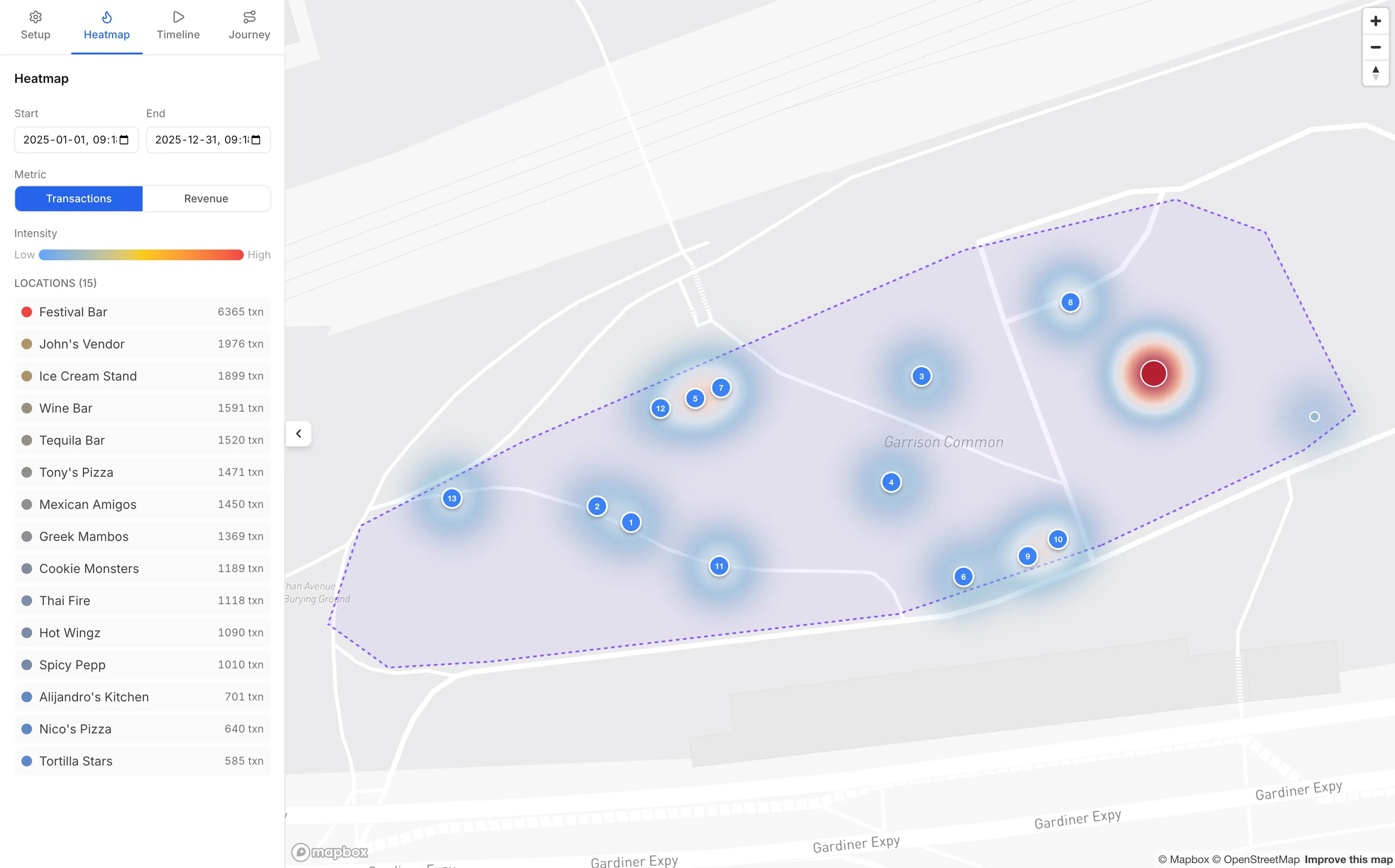EventPay spatial intelligence heatmap showing transaction activity across festival grounds
